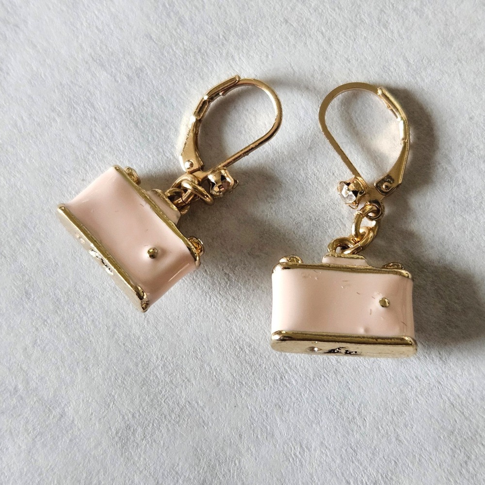 Betsey Johnson Pink Enamel Camera Drop Earrings Gold Tone Crystal Accents BJ - Picture 5 of 5